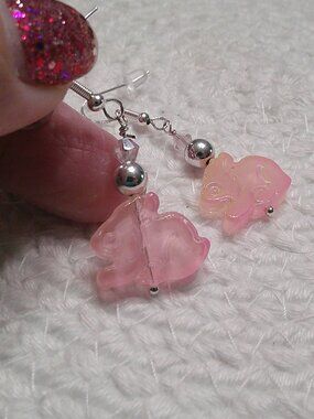Darling PINK GLASS BUNNY with CRYSTAL Handmade Silver Dangle Earrings #438E